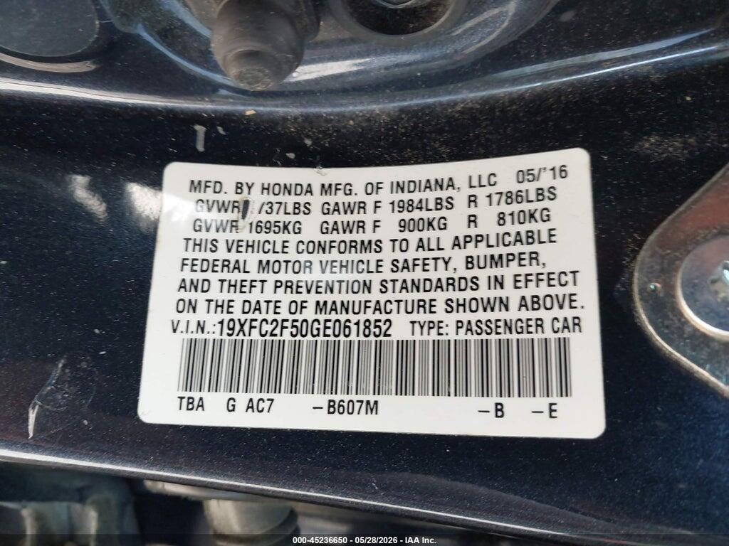 19XFC2F50GE061852 2016 HONDA CIVIC photo no. 9
