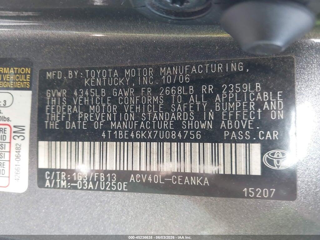 4T1BE46KX7U084756 2007 TOYOTA CAMRY photo no. 9