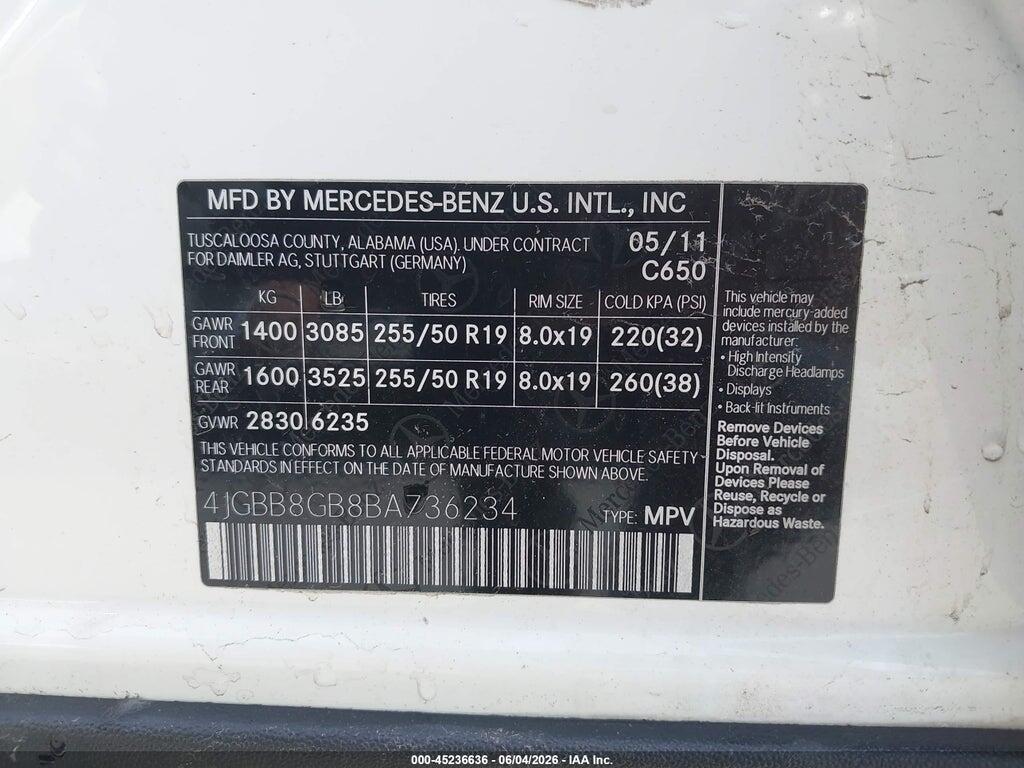 4JGBB8GB8BA736234 2011 MERCEDES-BENZ ML 350 photo no. 9