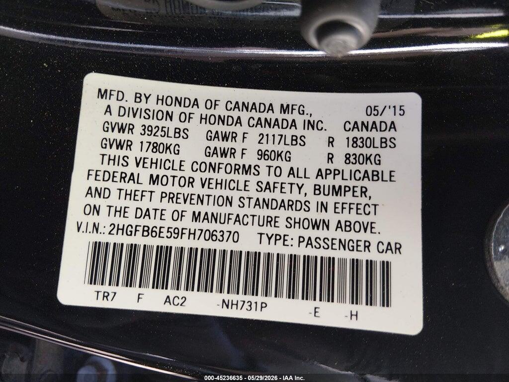 2HGFB6E59FH706370 2015 HONDA CIVIC photo no. 9