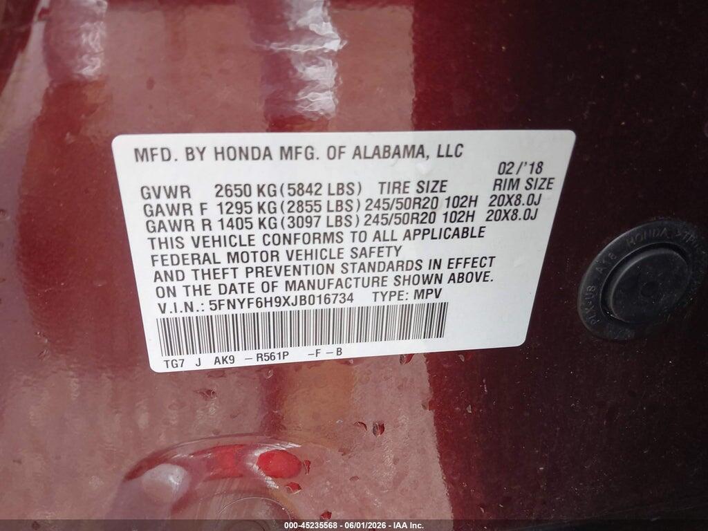 5FNYF6H9XJB016734 2018 HONDA PILOT photo no. 9