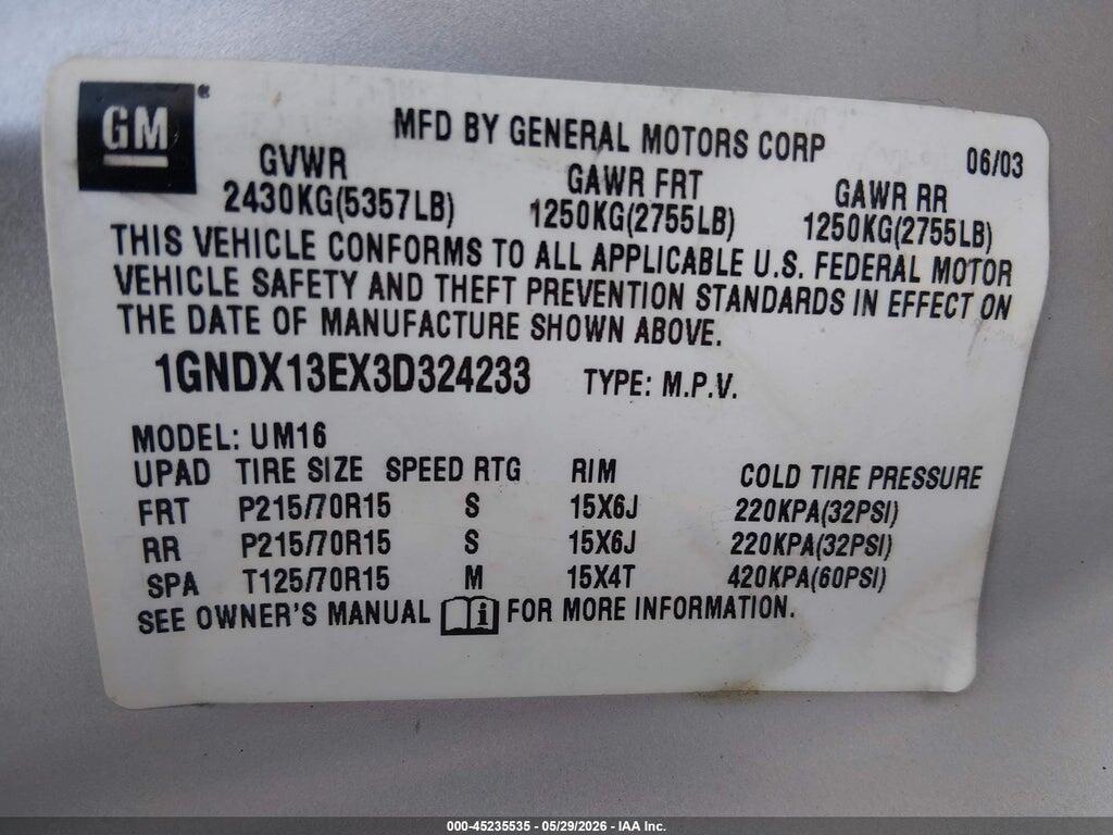 1GNDX13EX3D324233 2003 CHEVROLET VENTURE photo no. 9