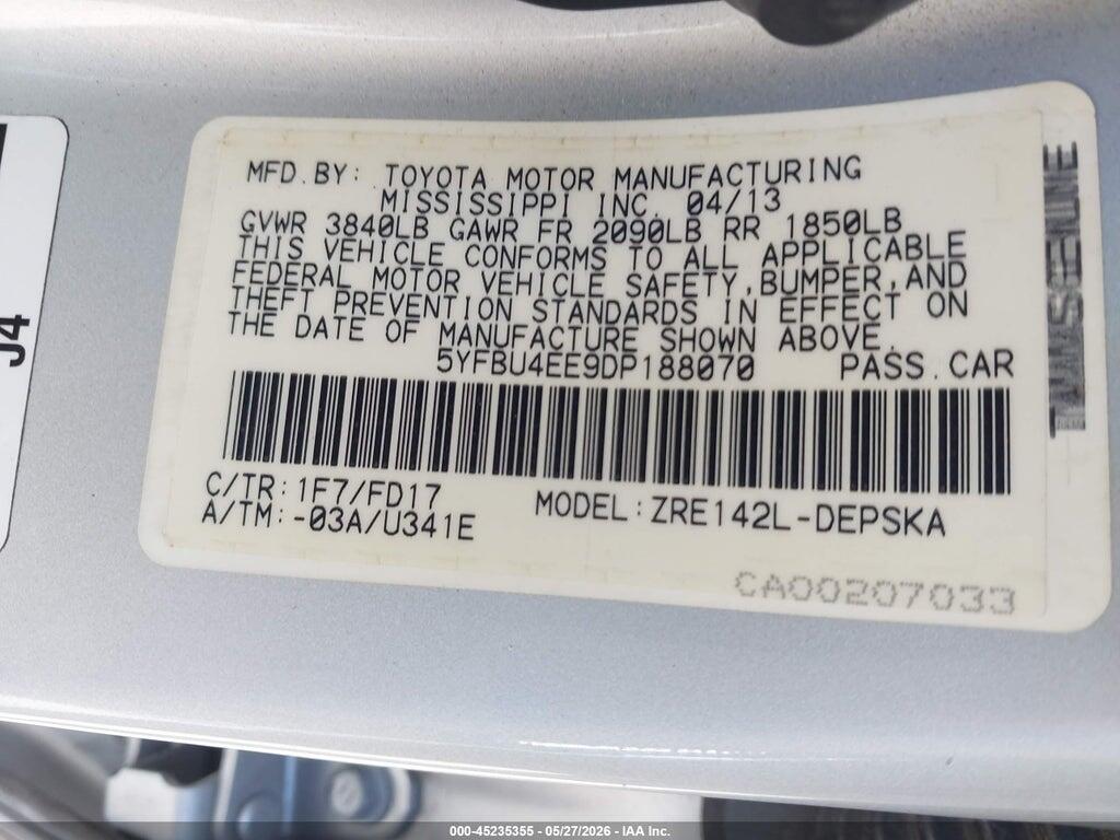 5YFBU4EE9DP188070 2013 TOYOTA COROLLA photo no. 9