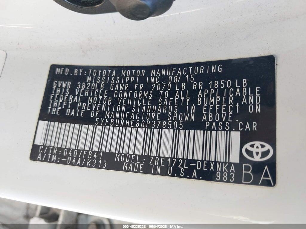 5YFBURHE8GP378505 2016 TOYOTA COROLLA photo no. 9