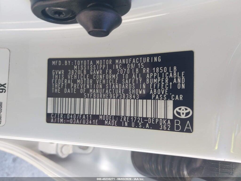 5YFBURHE9GP383843 2016 TOYOTA COROLLA photo no. 9