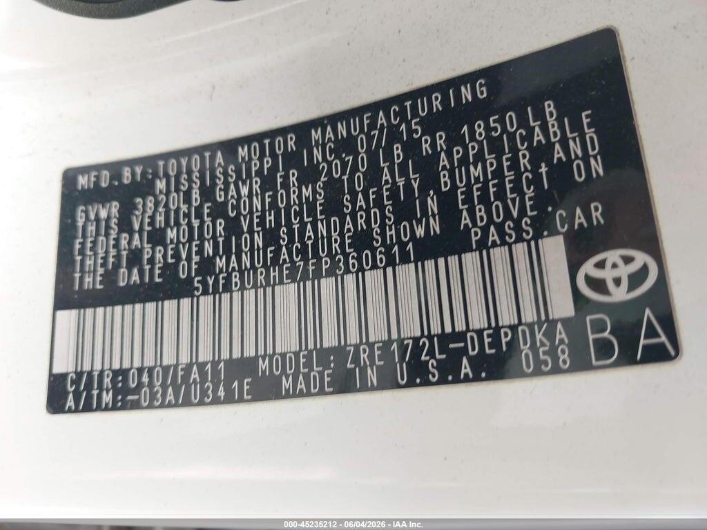 5YFBURHE7FP360611 2015 TOYOTA COROLLA photo no. 9