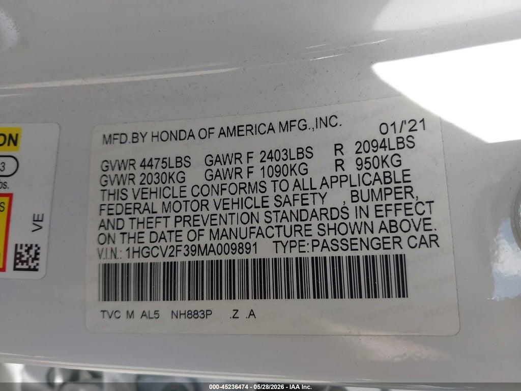 1HGCV2F39MA009891 2021 HONDA ACCORD photo no. 9