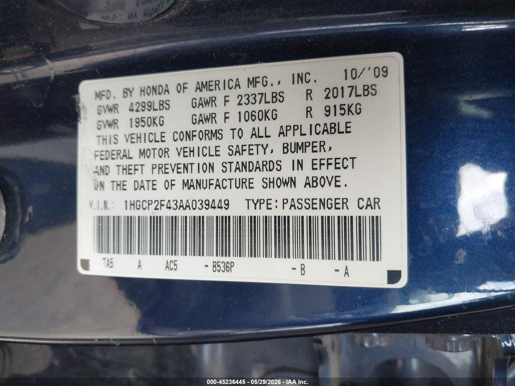 1HGCP2F43AA039449 2010 HONDA ACCORD photo no. 9