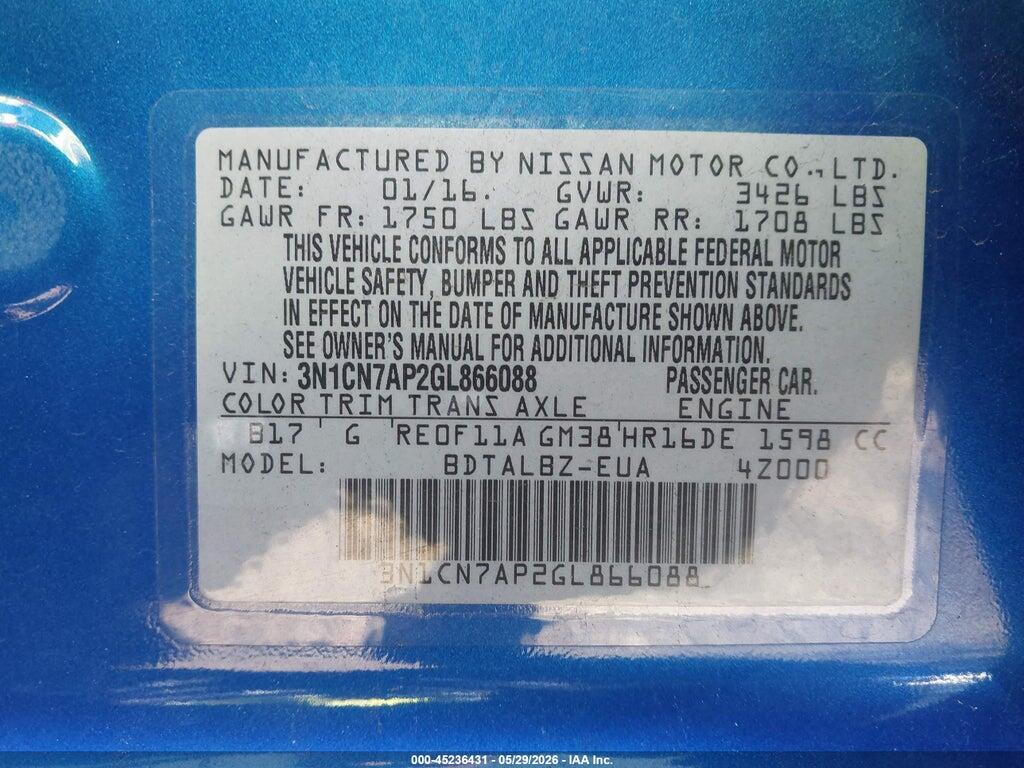 3N1CN7AP2GL866088 2016 NISSAN VERSA photo no. 9