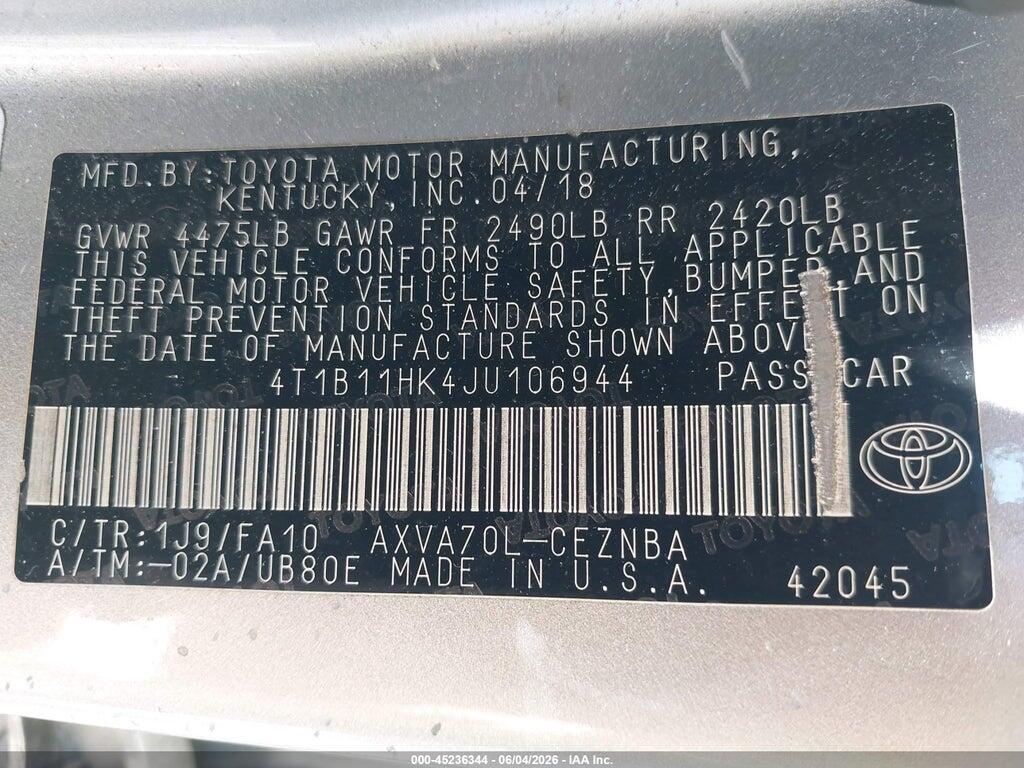 4T1B11HK4JU106944 2018 TOYOTA CAMRY photo no. 9
