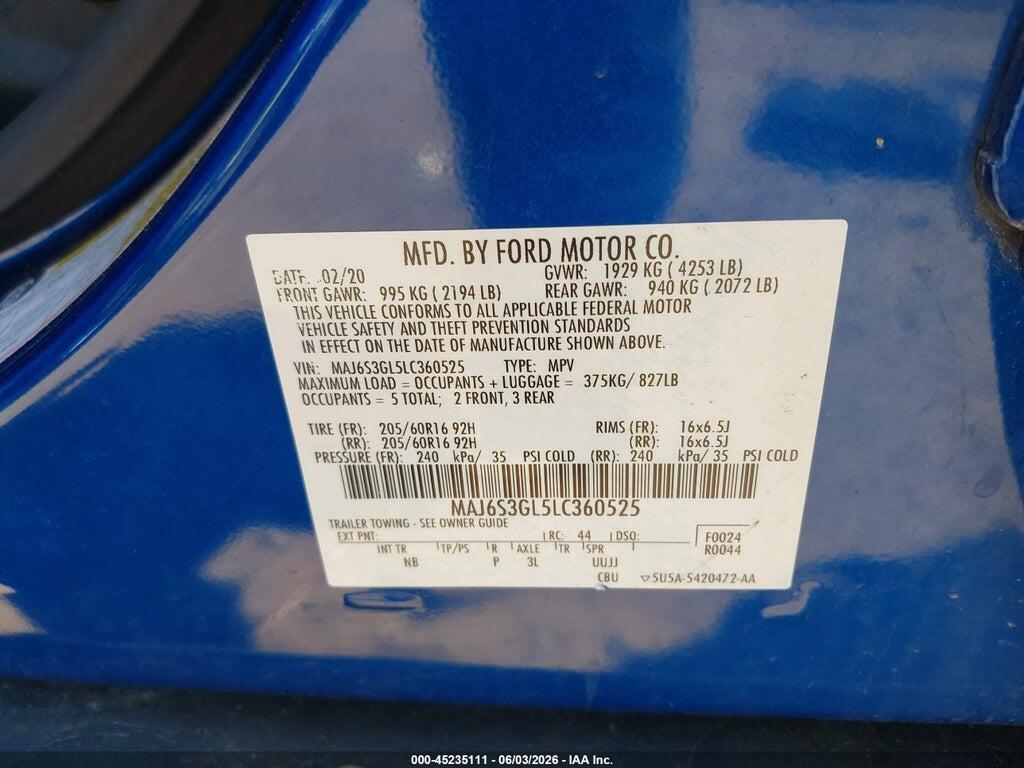 MAJ6S3GL5LC360525 2020 FORD ECOSPORT photo no. 9