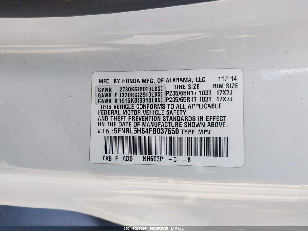 5FNRL5H64FB037650 2015 HONDA ODYSSEY photo no. 9