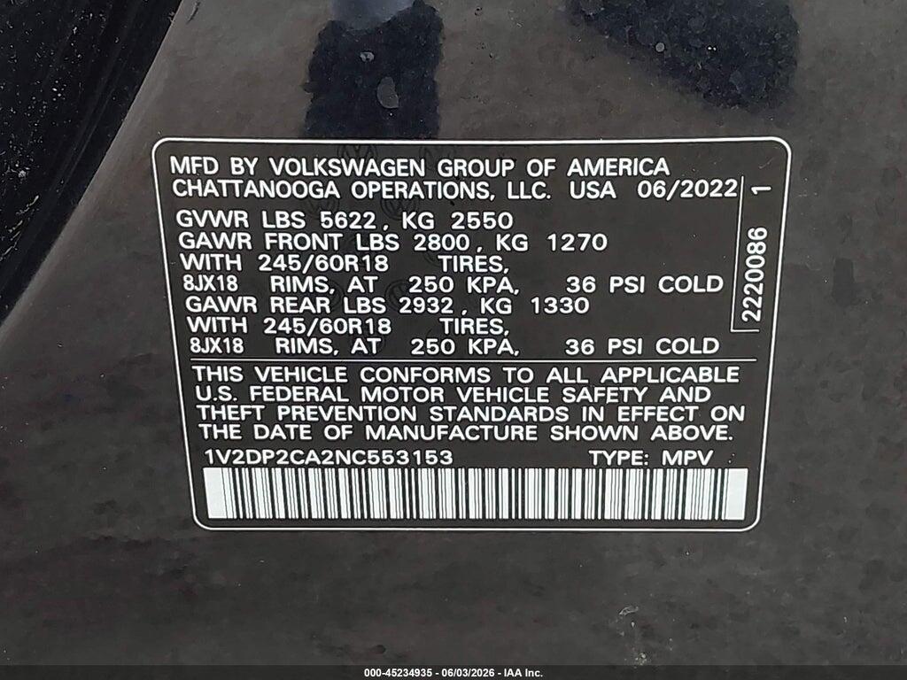 1V2DP2CA2NC553153 2022 VOLKSWAGEN ATLAS photo no. 9