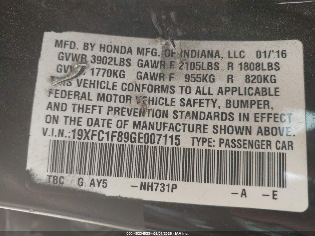 19XFC1F89GE007115 2016 HONDA CIVIC photo no. 9