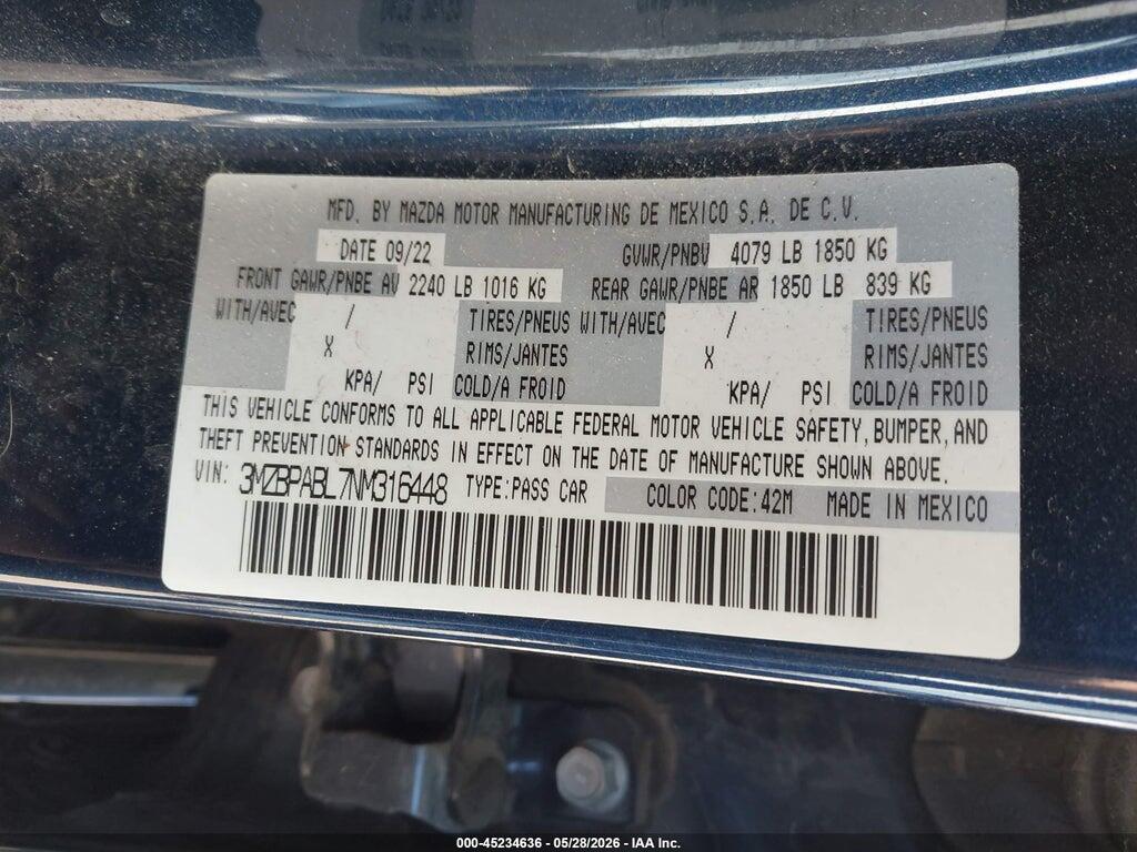 3MZBPABL7NM316448 2022 MAZDA MAZDA3 photo no. 9