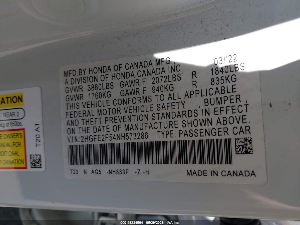 2HGFE2F54NH573286 2022 HONDA CIVIC photo no. 9