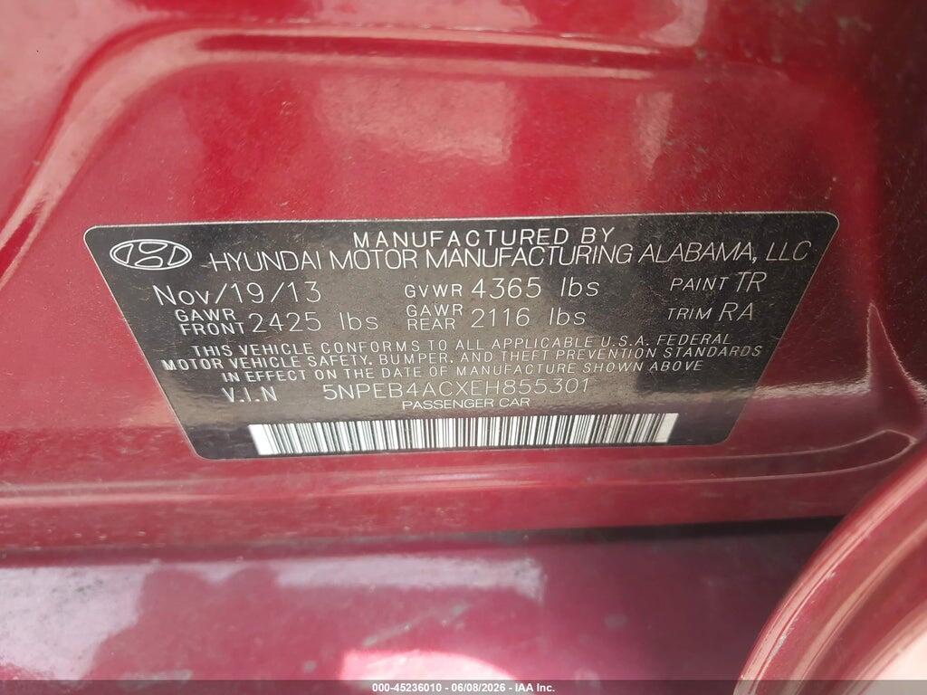 5NPEB4ACXEH855301 2014 HYUNDAI SONATA photo no. 9