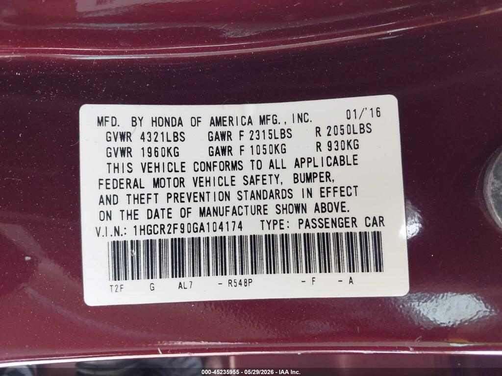 1HGCR2F90GA104174 2016 HONDA ACCORD photo no. 9