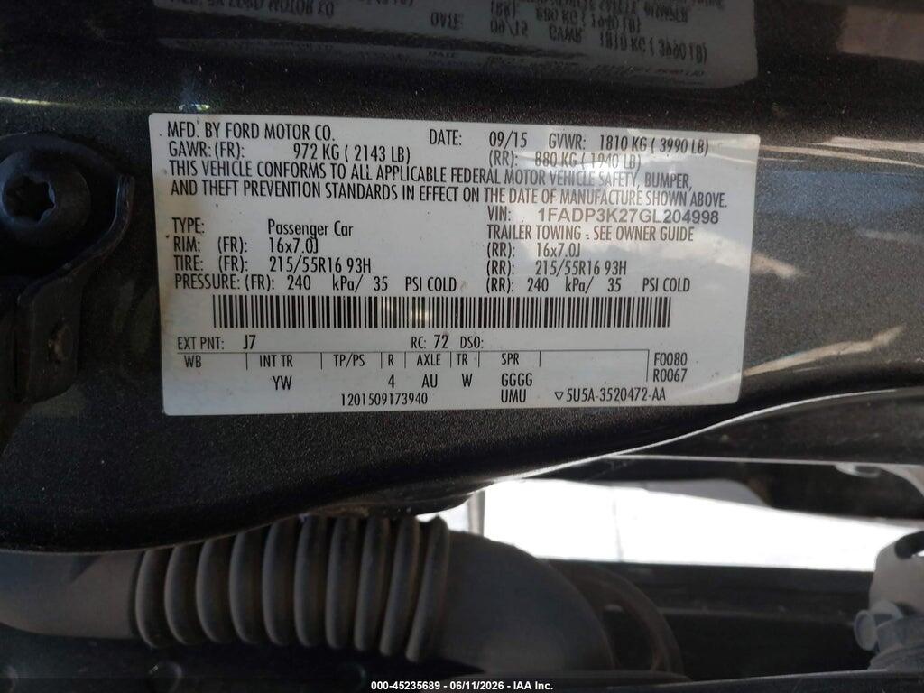 1FADP3K27GL204998 2016 FORD FOCUS photo no. 9