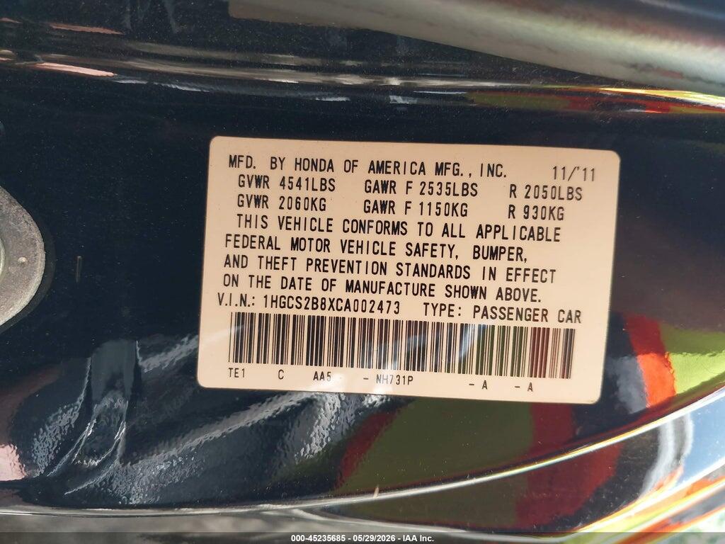1HGCS2B8XCA002473 2012 HONDA ACCORD photo no. 9