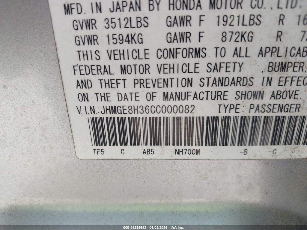 JHMGE8H36CC000082 2012 HONDA FIT photo no. 9