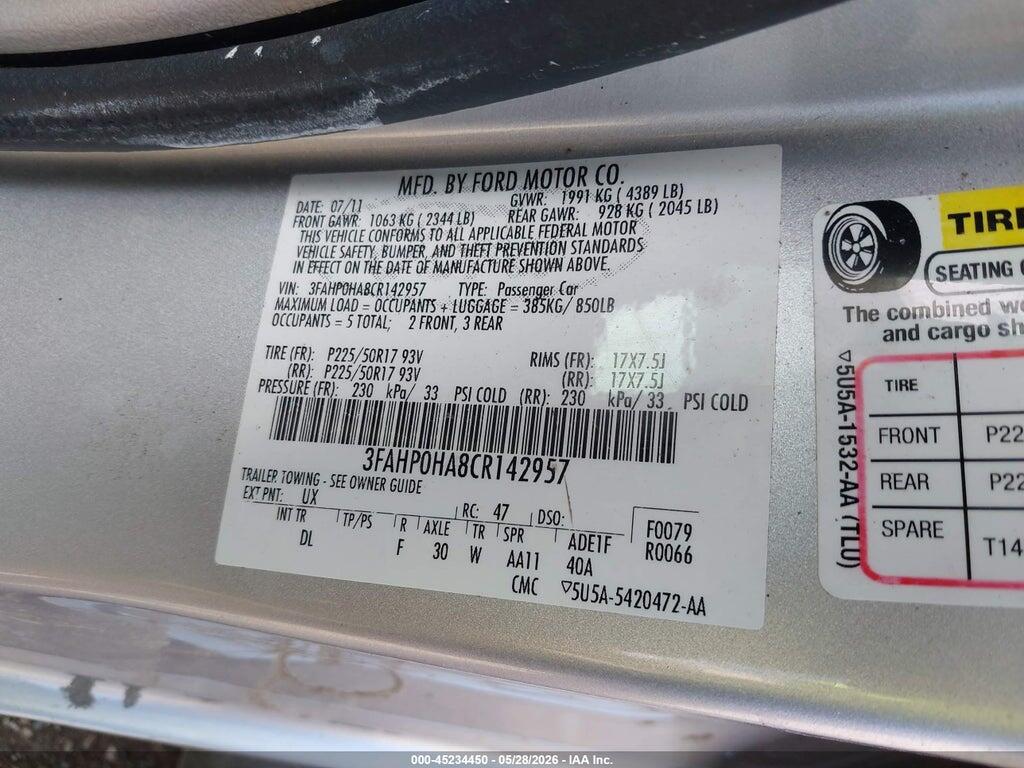 3FAHP0HA8CR142957 2012 FORD FUSION photo no. 9