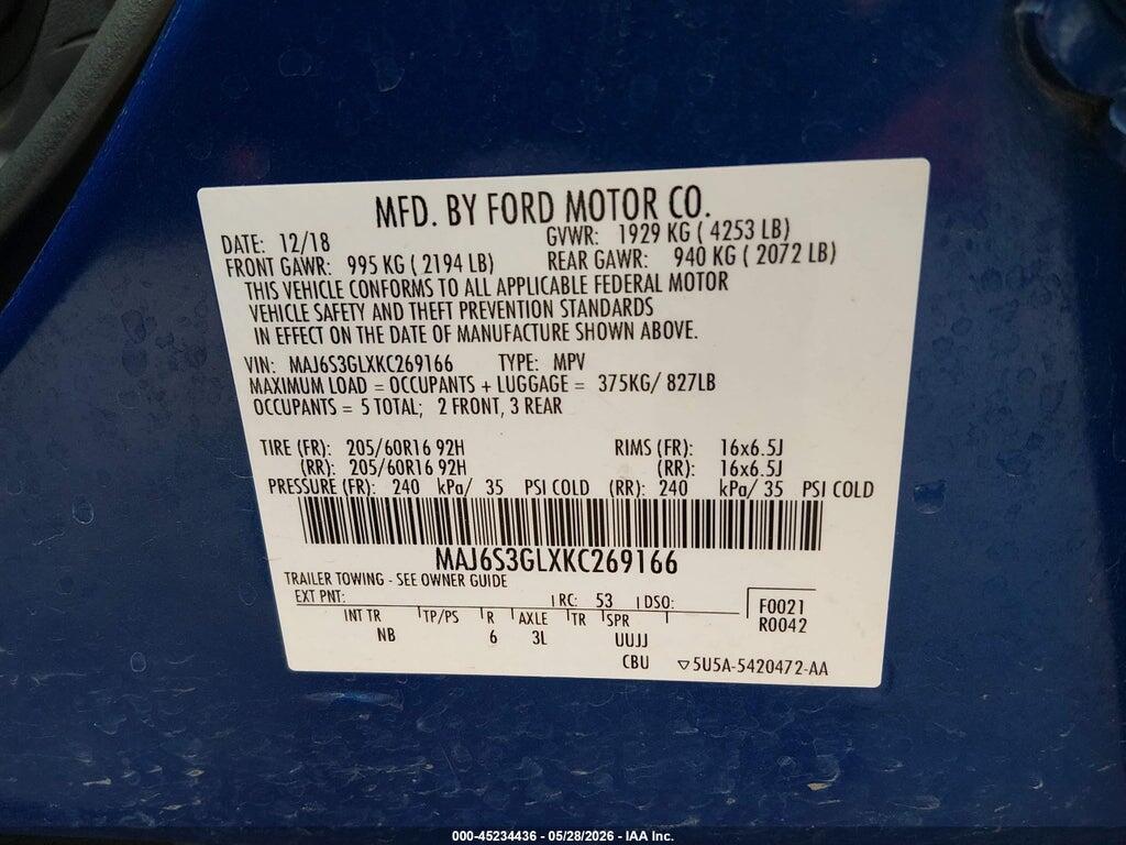 MAJ6S3GLXKC269166 2019 FORD ECOSPORT photo no. 9