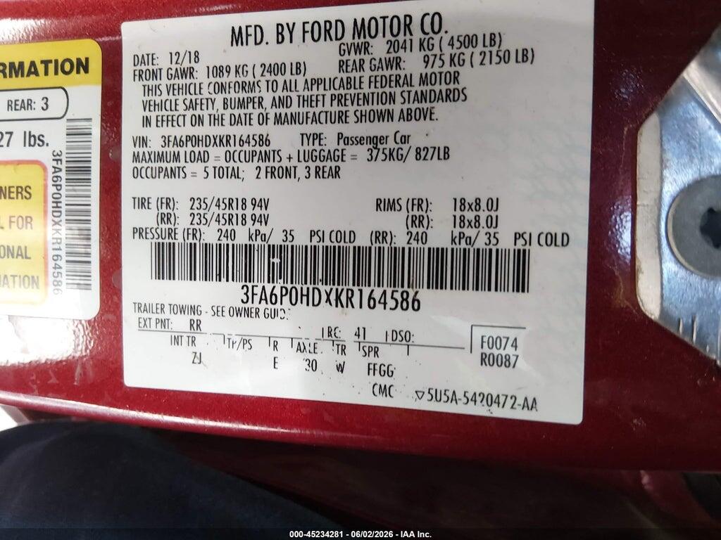 3FA6P0HDXKR164586 2019 FORD FUSION photo no. 9
