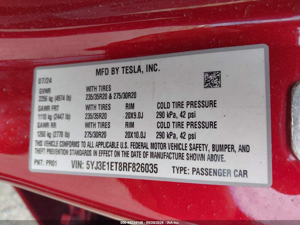 5YJ3E1ET8RF826035 2024 TESLA MODEL 3 photo no. 9