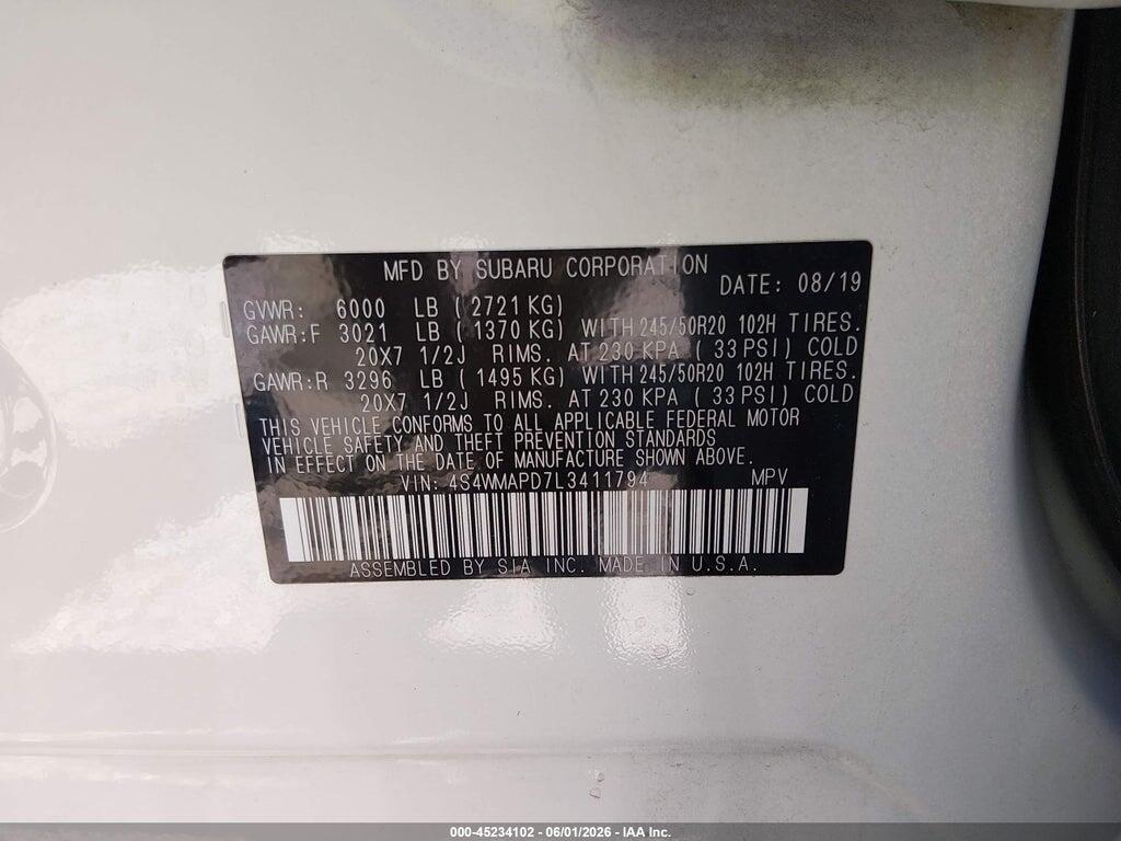 4S4WMAPD7L3411794 2020 SUBARU ASCENT photo no. 9