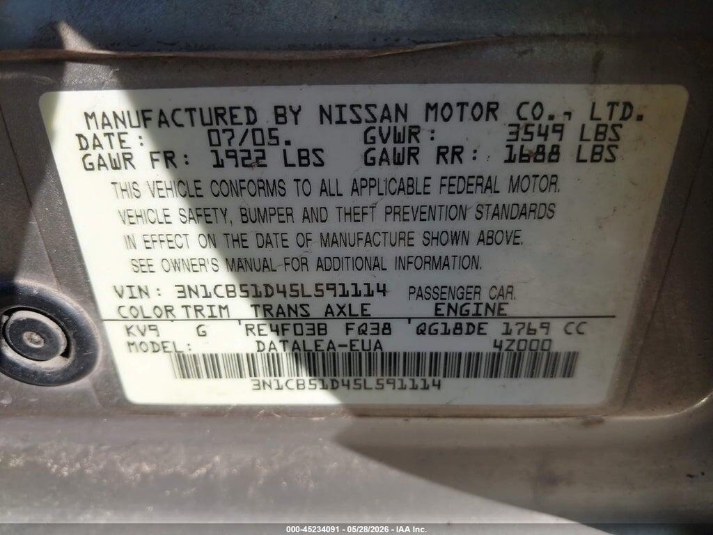 3N1CB51D45L591114 2005 NISSAN SENTRA photo no. 9