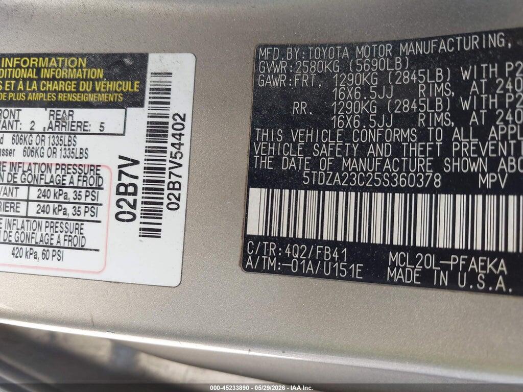 5TDZA23C25S360378 2005 TOYOTA SIENNA photo no. 9