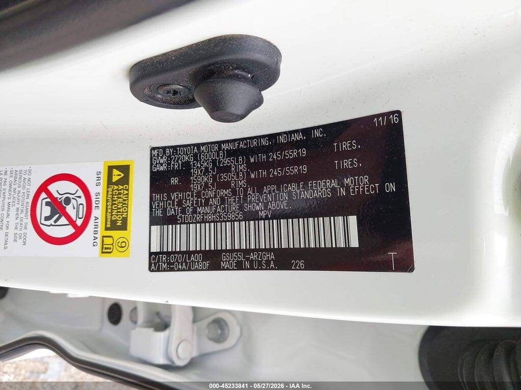5TDDZRFH8HS359856 2017 TOYOTA HIGHLANDER photo no. 9