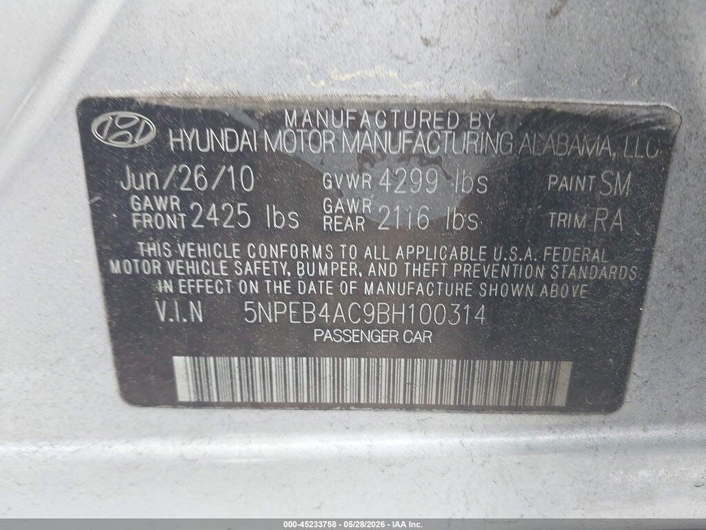 5NPEB4AC9BH100314 2011 HYUNDAI SONATA photo no. 9
