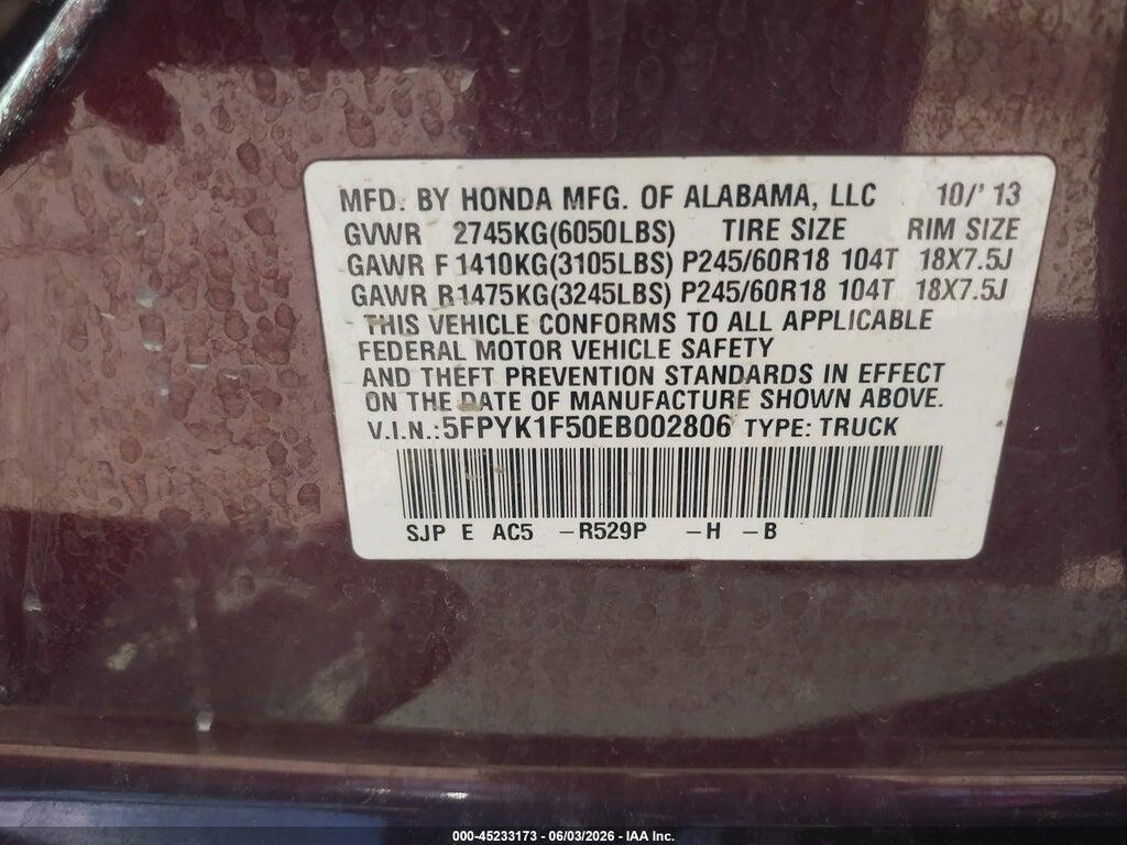 5FPYK1F50EB002806 2014 HONDA RIDGELINE photo no. 9