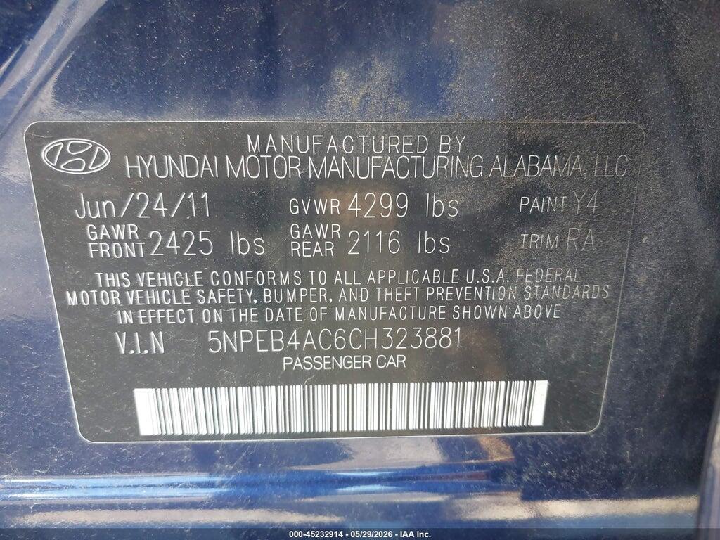 5NPEB4AC6CH323881 2012 HYUNDAI SONATA photo no. 9