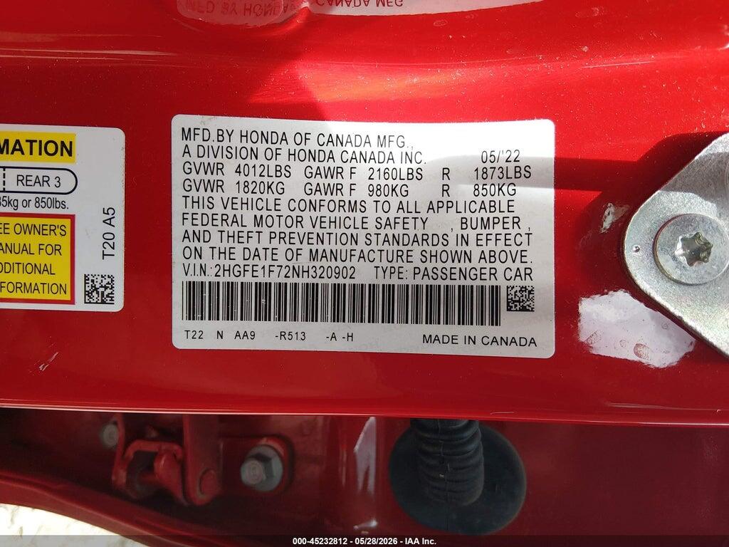 2HGFE1F72NH320902 2022 HONDA CIVIC photo no. 9