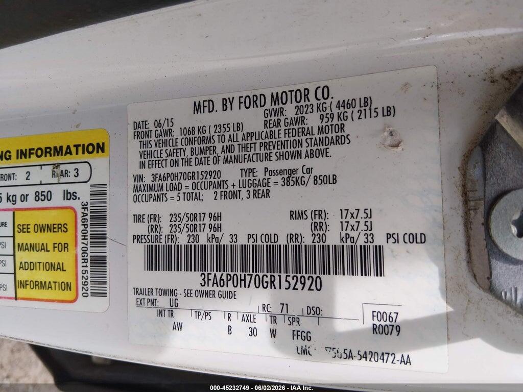 3FA6P0H70GR152920 2016 FORD FUSION photo no. 9