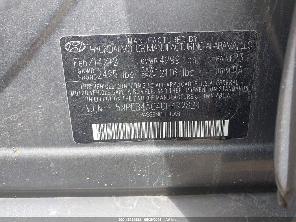 5NPEB4AC4CH472824 2012 HYUNDAI SONATA photo no. 9