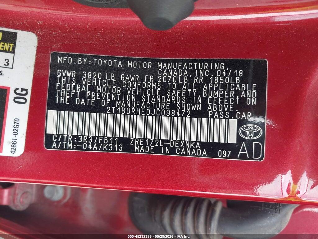 2T1BURHE0JC098472 2018 TOYOTA COROLLA photo no. 9