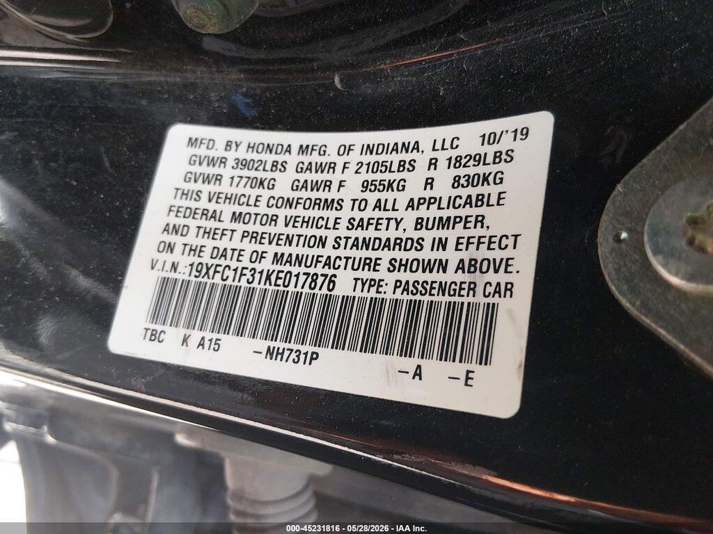 19XFC1F31KE017876 2019 HONDA CIVIC photo no. 9