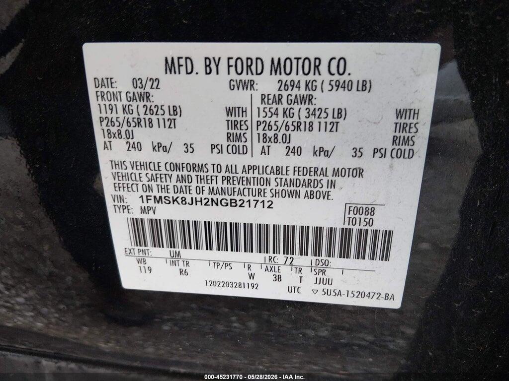 1FMSK8JH2NGB21712 2022 FORD EXPLORER photo no. 9