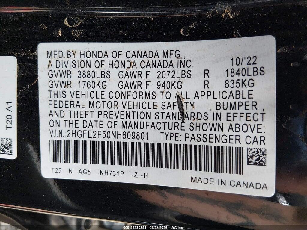 2HGFE2F50NH609801 2022 HONDA CIVIC photo no. 9