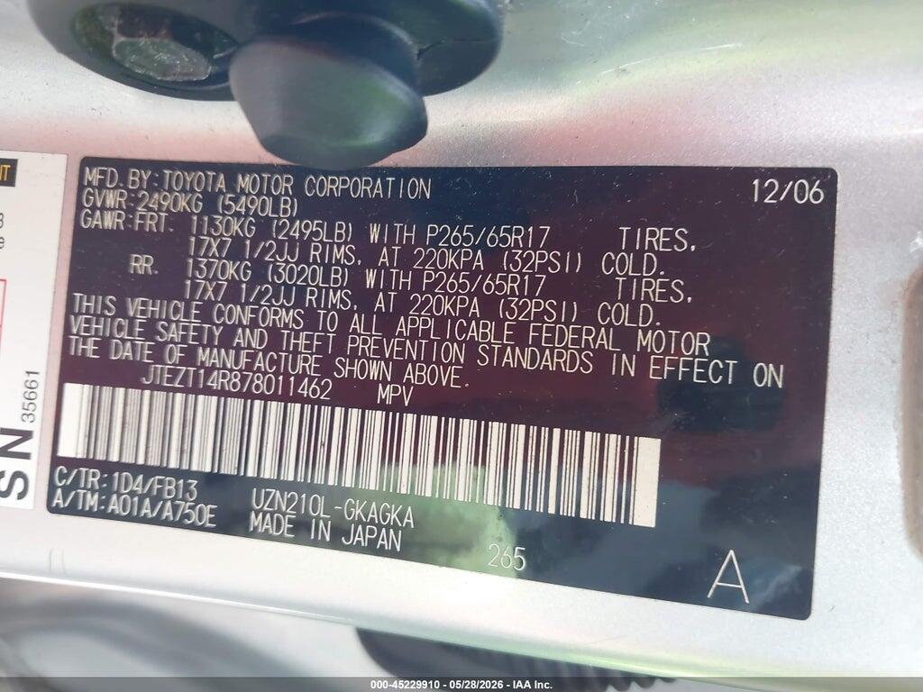 JTEZT14R878011462 2007 TOYOTA 4RUNNER photo no. 9