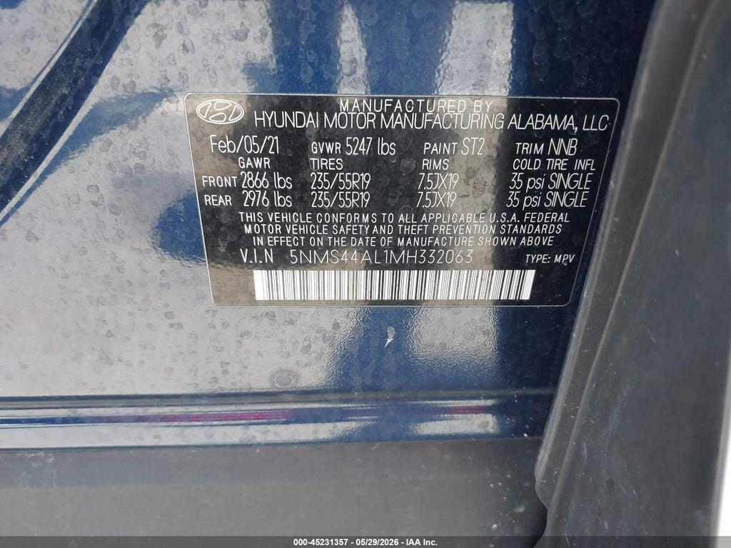5NMS44AL1MH332063 2021 HYUNDAI SANTA FE photo no. 9