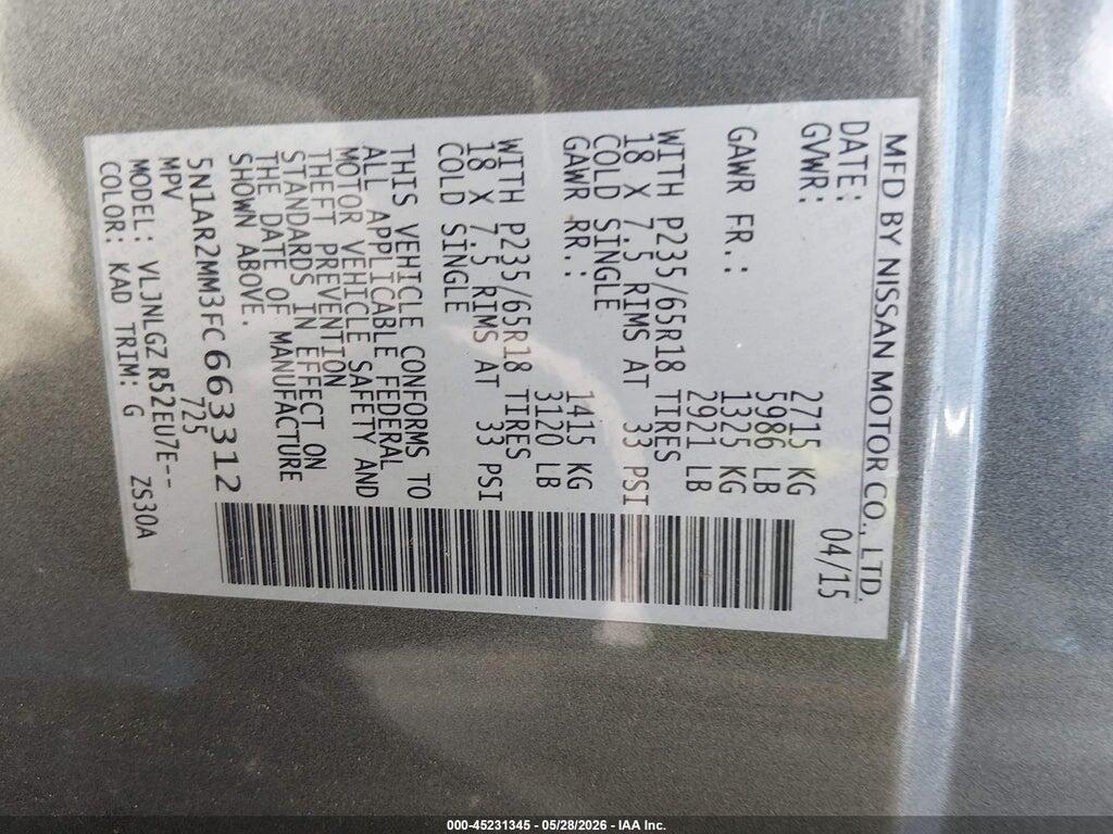 5N1AR2MM3FC663312 2015 NISSAN PATHFINDER photo no. 9