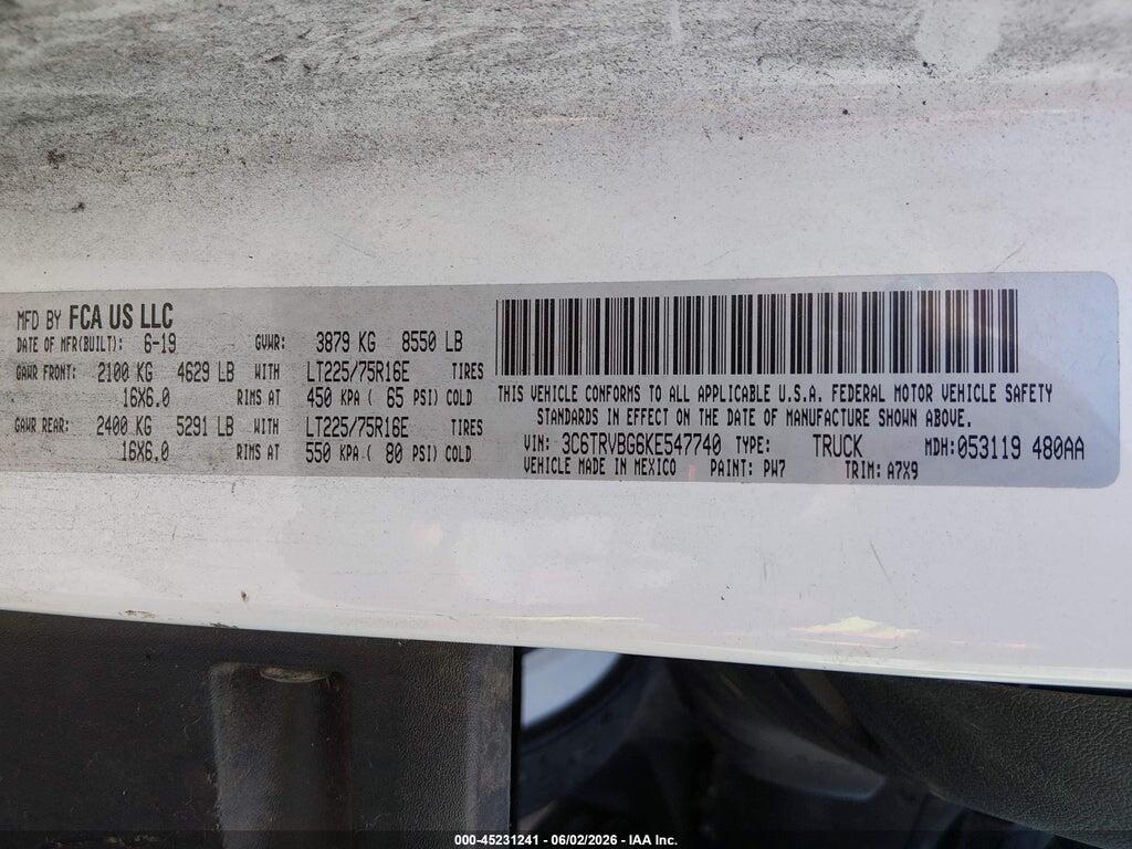 3C6TRVBG6KE547740 2019 RAM PROMASTER 1500 photo no. 9