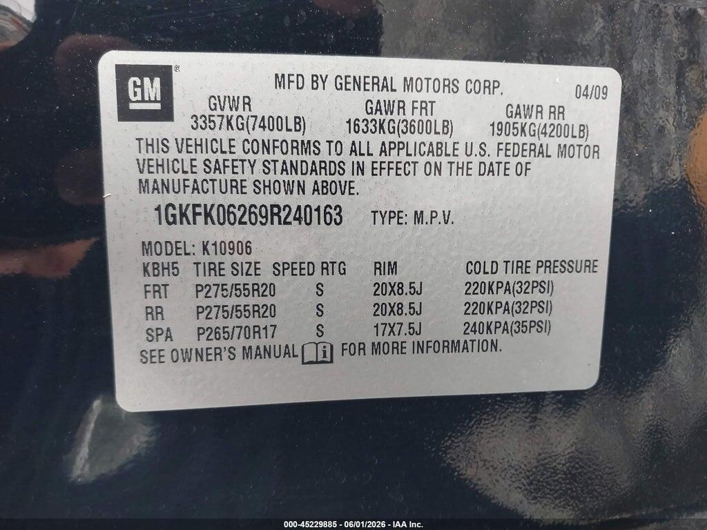 1GKFK06269R240163 2009 GMC YUKON XL 1500 photo no. 9