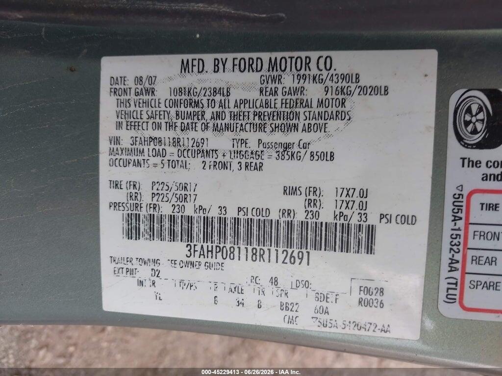 3FAHP08118R112691 2008 FORD FUSION photo no. 9