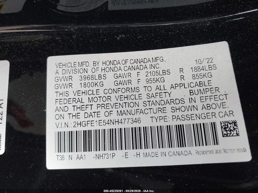 2HGFE1E54NH477346 2022 HONDA CIVIC SI photo no. 9